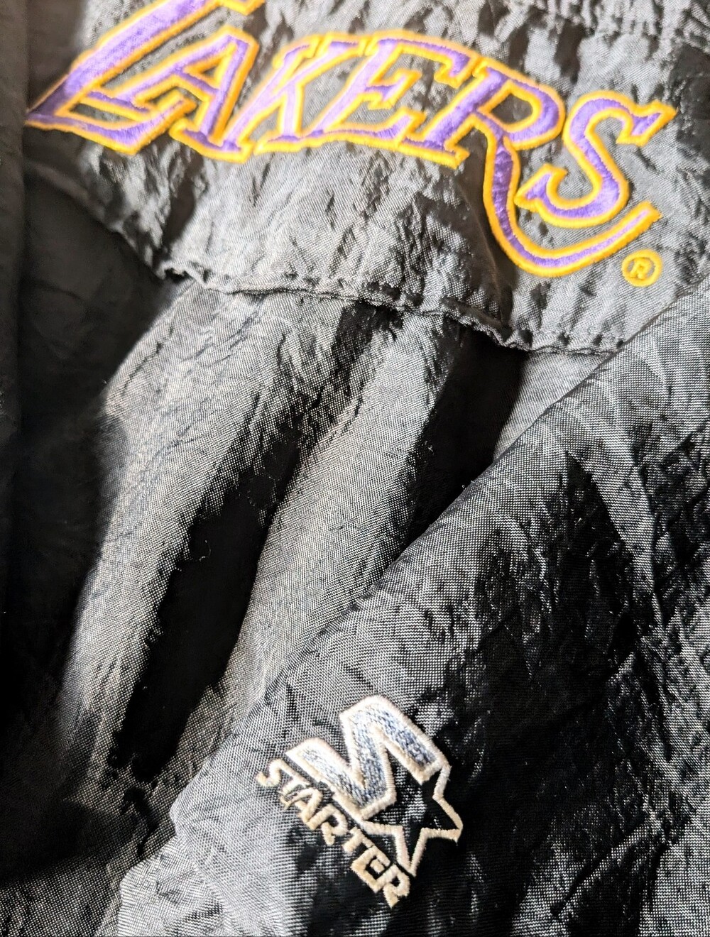 STARTER Black Lakers Embroidered Logo Varsity Jacket